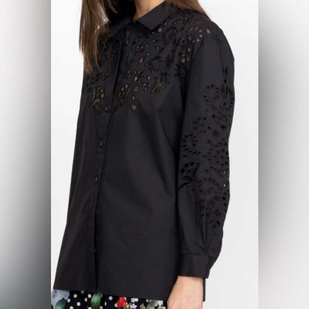 Johnny Was Jade Maricruz Button Down Shirt Black Eyelet Size Medium - Picture 3 of 10